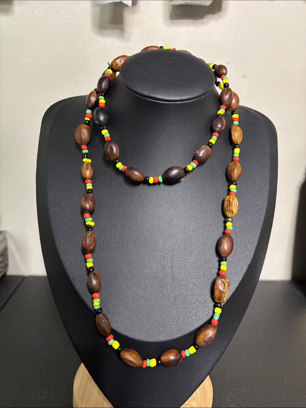 Handcrafted Brown Nut Bead Necklace with Red, Yellow & Green Accent Beads
